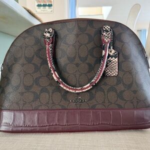 Coach Satchel in Brown and Burgundy with Snakeskin Accents